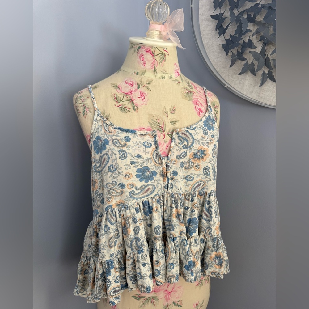 Patrons of Peace Boho Babydoll Top in Blue and Peach
